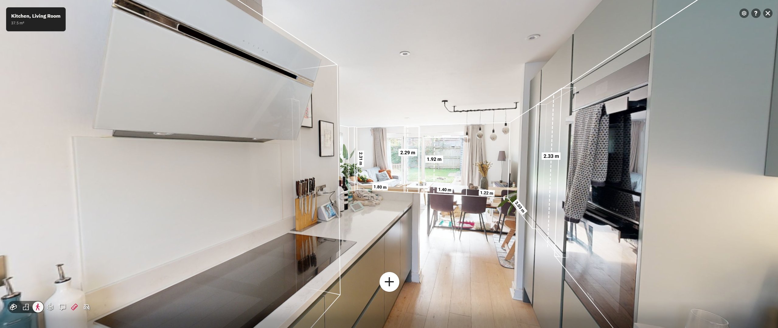 Matterport 3D scan of a kitchen and living room with live measurement overlay